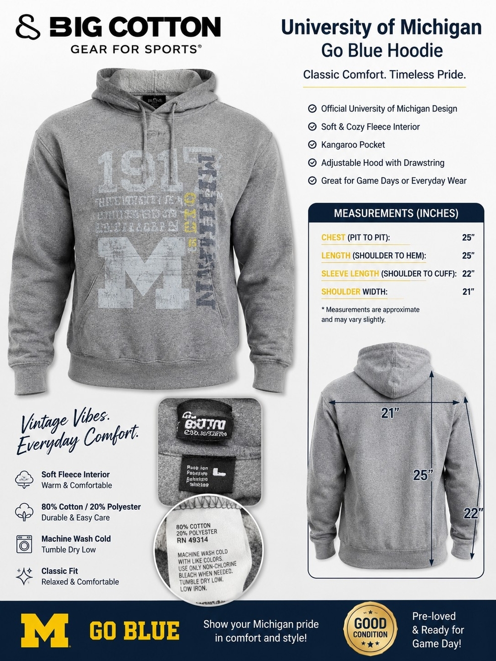 Gear For Sports Big Cotton University of Michigan Gray Pullover Hoodie